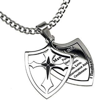 Christian Mens Stainless Steel Abstinence 2 Piece Shield Man of God "Man of God   Man of God: Pursue Righteousness, Godliness, Faith, Love, Perseverance and Gentleness" 1 Timothy 6:11 Purity Necklace on a 24" Curb Chain for Boys   Guys Purit