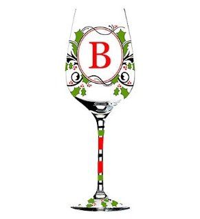Hand Painted Monogrammed Holiday Wine Glass with Red and Green Holly in Letter B: Kitchen & Dining