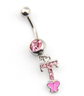 316L Surgical Steel 14 Guage Letter T Dangle Cute Pink Gem Crystal Navel Belly Bar Ring Stud Button Fashion Girl Women Body Piercing Jewelry 14G 1.6mm 7/16 Inch Size Jewelry