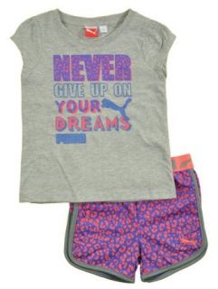 Puma Girls S/S Gray Never Give Up On Your Dreams Top 2pc Animal Print Short Set: Clothing