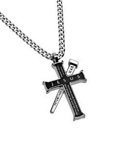 Christian Mens Black Stainless Steel Abstinence "Jesus   There Is No Other Name Under Heaven Given Among Men Whereby We Must Be Saved" Nail reads "Established 33 A.D.", and back reads "Acts 4:12". Iron Cross Purity Necklace fo