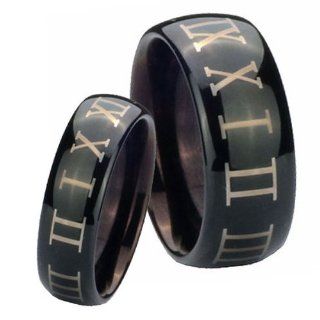 His and Hers 2pcs Tungsten Roman Numeral Shiny Black Dome Ring Set Size 4, 7 Jewelry
