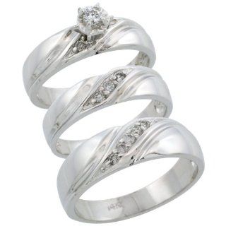 14k White Gold 3 Piece Trio His (7mm) & Hers (5mm) Diamond Wedding Ring Band Set w/ 0.27 Carat Brilliant Cut Diamonds; Ladies Size 8.5: Jewelry