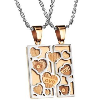 Stainless Steel Couple Hearts "Love" Lovers Puzzle Rose Gold Tone Pendant Necklace Set His and Hers. FREE NECKLACE CHAINS INCLUDED.: Jewelry