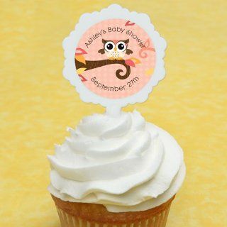 Owl Girl   Look Whooo's Having A Baby   12 Cupcake Picks & 24 Personalized Stickers   Baby Shower Cupcake Toppers: Toys & Games