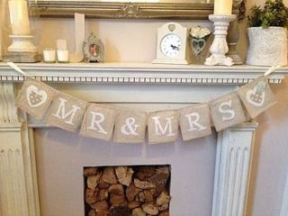 wedding 'mr and mrs' material garland by the hiding place