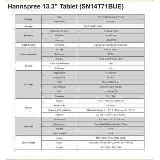 HANNSPREE 13.3 INCH QUAD CORE TABLET PC T7 SERIES WITH 1280X800 10 POINTS TOUCH 16GB MEMORY AND ANDROID JELLY BEAN  Tablet Computers  Computers & Accessories