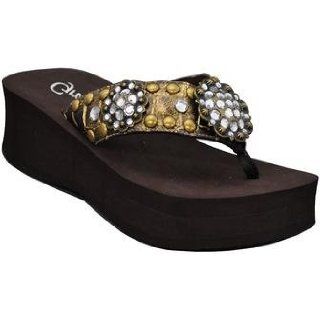 Grazie Trapani Gold Ant Sandals M 11 Ladies Flip Flops Brown Wedge Sole Round Antique Conchos Clear Crystals Bronze Studs: Shoes