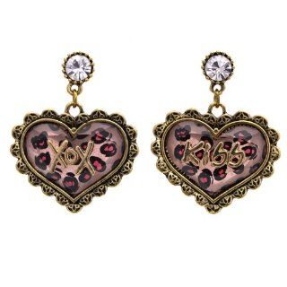 Betsey Johnson Jungle Kiss Love Heart Leopard Heart Earrings: Jewelry