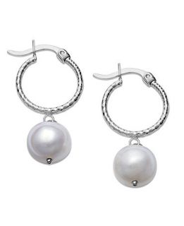 14k White Gold Earrings, Cultured Freshwater Pearl and Diamond Accent Hoop Earrings   Earrings   Jewelry & Watches