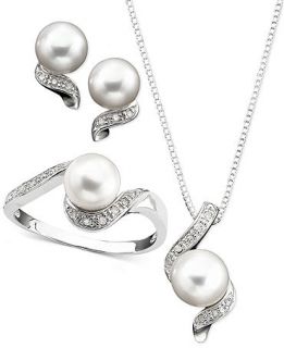 Sterling Silver Pendant, Ring and Earrings Set, Diamond (1/8 ct. t.w.) and Cultured Freshwater Pearl   Jewelry & Watches