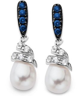 Sterling Silver Earrings, Cultured Freshwater Pearl, White Sapphire (1/5 ct. t.w.) and Blue Sapphire (1/4 ct. t.w.) Swirl Earrings   Earrings   Jewelry & Watches
