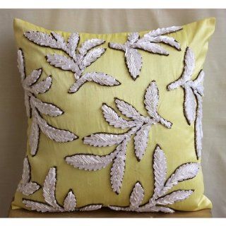 White Leaves   14x14 inches Square Decorative Throw Yellow Silk Pillow Covers Embroidered with Satin Ribbon and Beads   Throw Pillow Covers
