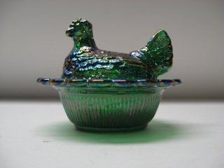 Mini Green Carnival Glass Hen on Nest Chick Salt Covered Dish  Collectible Figurines  