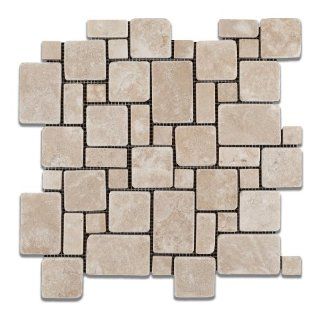 Durango Cream (Paredon) Travertine Tumbled Mini Versailles Pattern Mosaic Tile   Sample Piece   Marble Tiles  