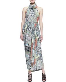 Etro Scarf Neck Menagerie Printed Long Dress