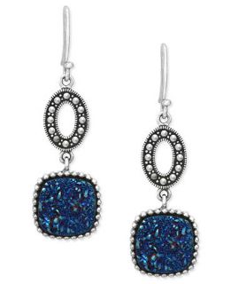 Genevieve & Grace Sterling Silver Earrings, Blue Druzy and Marcasite Drop Earrings   Earrings   Jewelry & Watches