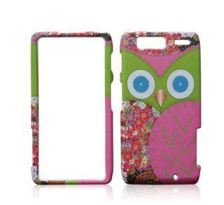 MOTOTOLA DROID RAZR MAXX BLUE EYES OWL GREEN PINK FEATHER FLOWERS BIRD RUBBERIZED HARD COVER CASE SNAP ON Cell Phones & Accessories