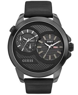 GUESS Watch, Mens Dual Time Black Leather Strap 55mm U0184G1   Watches   Jewelry & Watches