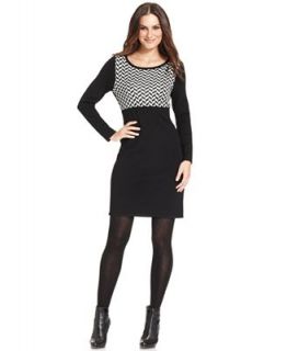 NY Collection Petite Dress, Long Sleeve Patterned Colorblocked Sweaterdress   Dresses   Women