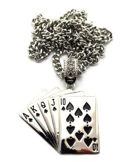 New Iced Out Silver Rhinestone Spade Royal Flush w/6mm 36" Cuban Chain Necklace CP114R: Pendants: Jewelry