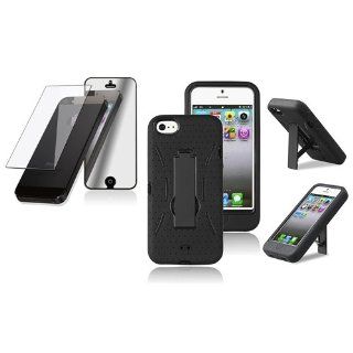 CommonByte For iPhone 5 / 5S Hybrid w/Stand Black/Black Case Cover+2x Mirror Protector Cell Phones & Accessories