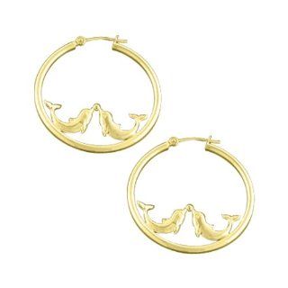 14K Yellow Gold ''Kissing Dolphin'' Hoop Earrings: Katarina: Jewelry
