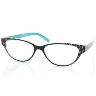 Retro 60s Cat Eye Bling Reading Glasses Eyeglasses Clear Lens Black Turq +1.75: Clothing
