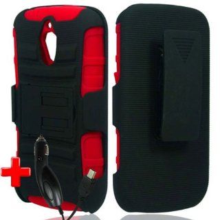 Huawei Vitria H882L (MetroPCS) 2 Piece Silicon Soft Skin Hard Plastic Kickstand Case Cover w. Belt Clip Holster, Black/Red + CAR CHARGER: Cell Phones & Accessories