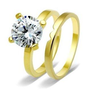 CZ WEDDING RING SET   Gold Tone 4 Prong Round CZ Wedding Set: Jewelry