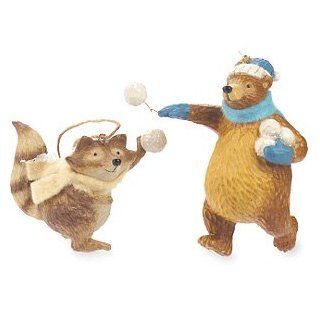 Forest Frolics Raccoon and Bear Snowball Fight Ornament Set   Christmas Ball Ornaments