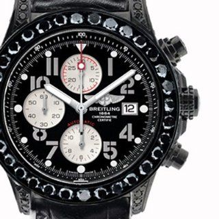 35 ct Black diamond Breitling Super Avenger Watch Black Dial Numbers Black Leather Band: Watches