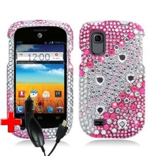 ZTE Prelude Z993 / Avail 2 Z992 (StraightTalk/AT&T) 2 Piece Snap On Rhinestone/Diamond/Bling Case Cover, Pink/Silver Heart Stripe Swirls Design + CAR CHARGER: Cell Phones & Accessories