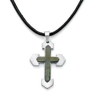 PalmBeach Jewelry Men's Stainless Steel Black ION Plated Lord's Prayer Cross Pendant and Cord Necklaces Jewelry