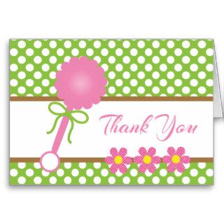 Pink Baby Rattle, Green & White Dots Baby Gift Greeting Cards