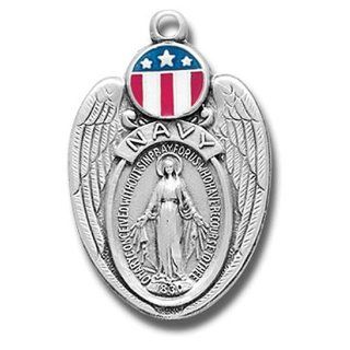 Sterling Silver Miraculous Navy Military Protection Medal Pendant: Jewelry