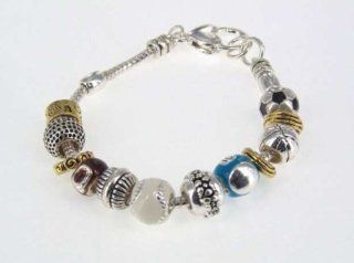 Soccer, Basketball, Billards, Baseball, Football and Golf Theme Designer Style European Bead Charm Bracelet in Silver Foil Gift Box: Jewelry