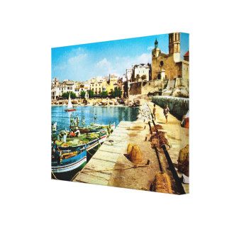 Vintage Spain, Sitges waterfront and cathedral Gallery Wrap Canvas