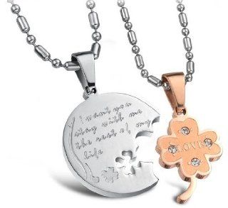 Two Tone Stainless Steel / Rose Gold Tone Couple "I WANT YOU STAY WITH ME THE REST OF MY LIFE" Clover Pendant Necklace Set His and Hers w/ Crystal Rhinestone Stone: Jewelry