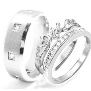 His & Hers 3 Pieces, STAINLESS STEEL Engagement Wedding Ring Set, AVAILABLE SIZES men's 7, 8, 9, 10, 11, 12; women's set: 5, 6, 7, 8, 9, 10 CONTACT US BY EMAIL THROUGH  WITH SIZES AFTER PURCHASE!: His And Hers Wedding Ring Sets: Jewelry