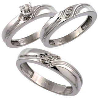 10k White Gold 3 Pc. Trio His (5mm) & Hers (4mm) Diamond Wedding Ring Band Set, w/ 0.062 Carat Brilliant Cut Diamonds (Ladies' Sizes 5 10; Men's Sizes 8 to 14): Jewelry