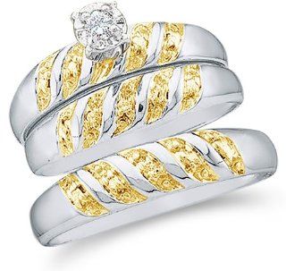 10k White and Yellow 2 Two Tone Gold Mens and Ladies Couple His & Hers Trio 3 Three Ring Bridal Matching Engagement Wedding Ring Band Set   Round Diamonds   Solitaire Center Setting (.07 cttw)   SEE "PRODUCT DESCRIPTION" TO CHOOSE BOTH SIZES