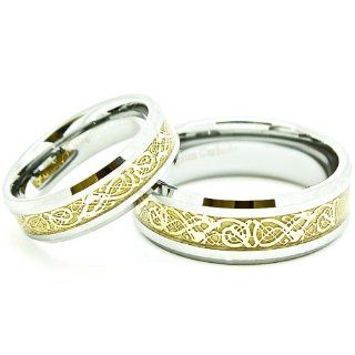His & Hers Matching Set 6mm & 8mm Tungsten Wedding Rings with Gold Plated Celtic Dragon Inlay (Us Sizes Available Whole & Half 6mm: 4 15; 8mm: 4 16): Jewelry