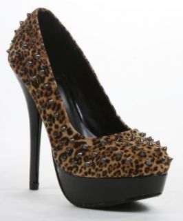 Spiked Leopard Studded Faux Suede Closed Toe Platform Pump Heels: Shoes