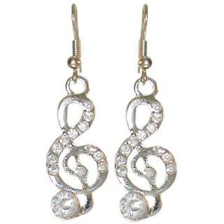 1/2 X 1 1/2 Treble Clef Earrings with Rhinestones, in Crystal with Silver Finish Dangle Earrings Jewelry