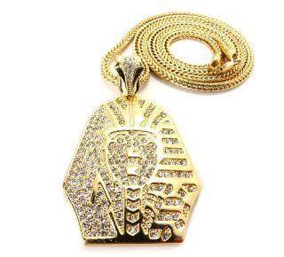 Gold Iced Out Pharaoh Pendant with a 36 Inch Franco Chain Necklace Jewelry