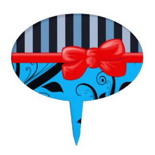 Floral Damask Stripes Ribbon Bow Blue Black Red Cake Toppers