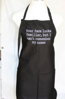 Black Embroidered Apron "Your face looks familiar but I can't remember my name": Clothing