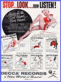 1956 Decca Records Petty illustrationsa New World of Soundmusic for the Girfriend, She Makes Beautiful Music Wherever She Goes  Original Print Ad Advertisement  