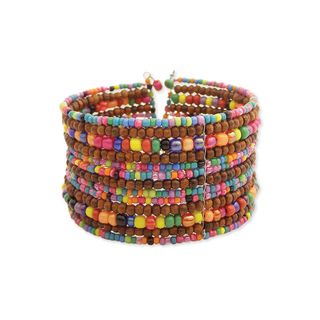 Handcrafted Multicolor 'Beaded Rainbow' Flexible Seed Bead Cuff Bracelet (India) Bracelets